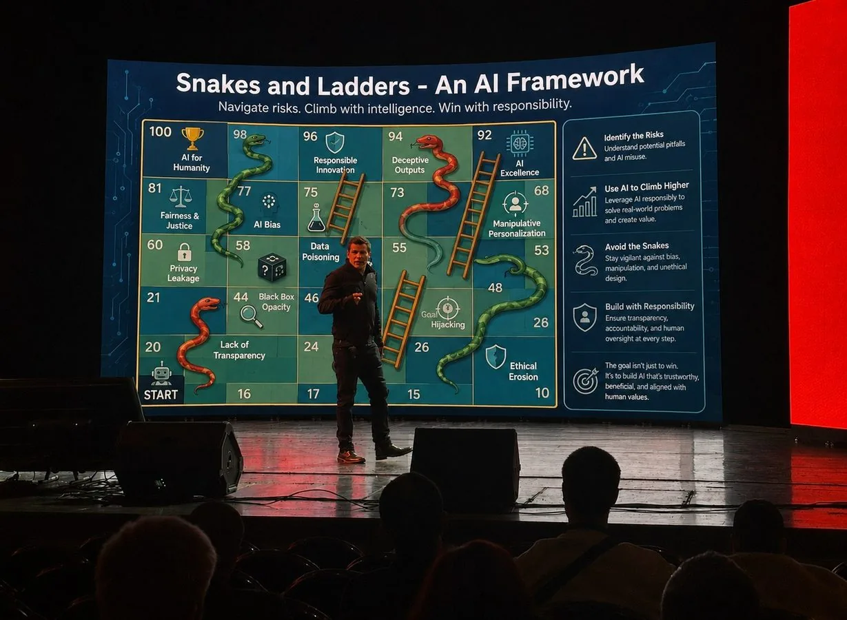 Matthew Blakemore presenting the Snakes and Ladders framework on stage
