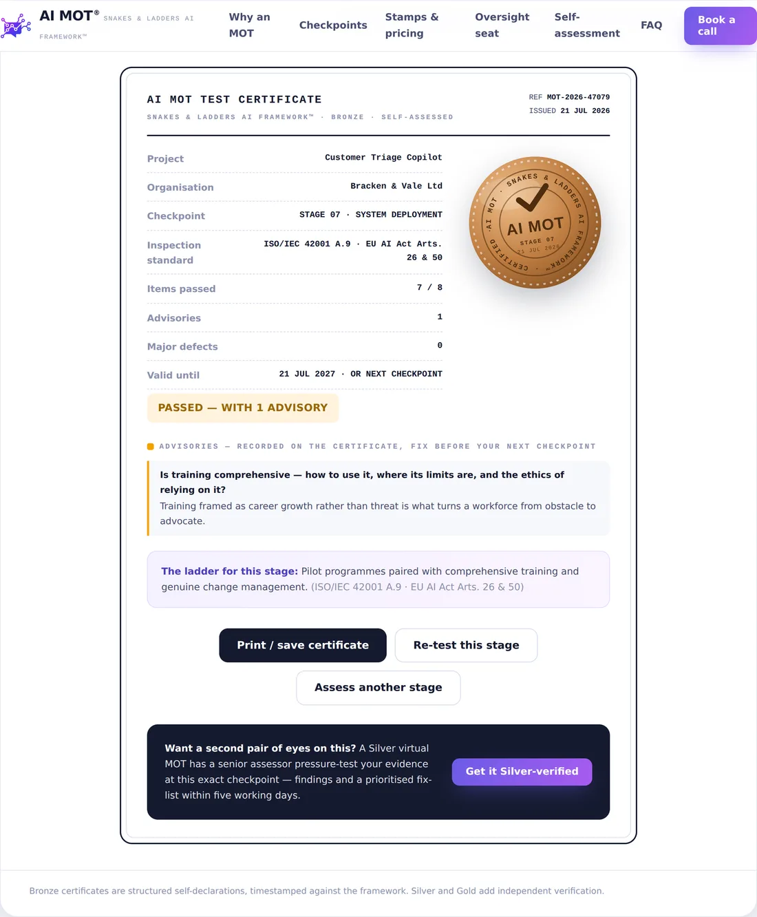 The stamp: a certificate your board, buyers and regulators can trust.