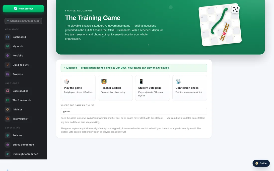 The licensed Training Game: play, Teacher Edition with live class voting, offline mode.