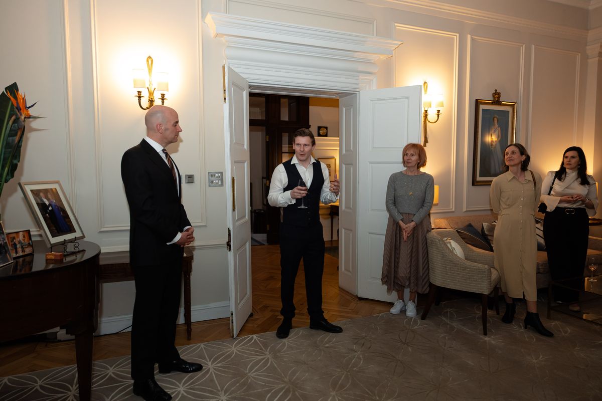 Matthew Blakemore addressing guests at a reception