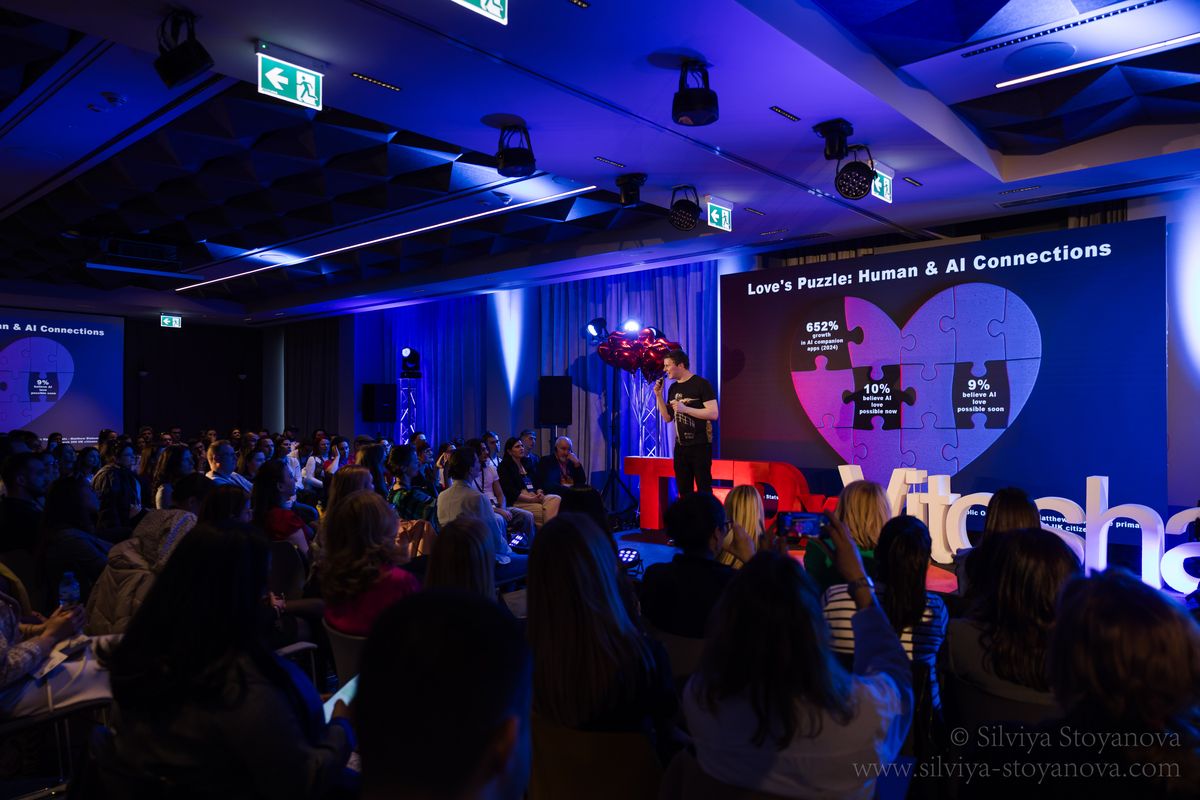 Matthew Blakemore on stage during the Eurovision AI talk